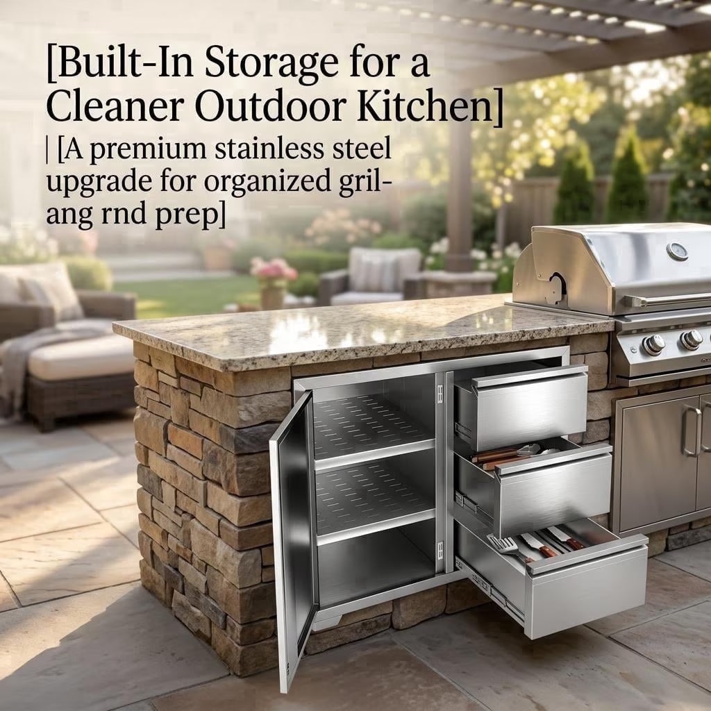 Stainless Steel Outdoor Kitchen Cabinet, 3 Drawer Built-In BBQ Storage Cabinet with Single Door for Patio Grill Station