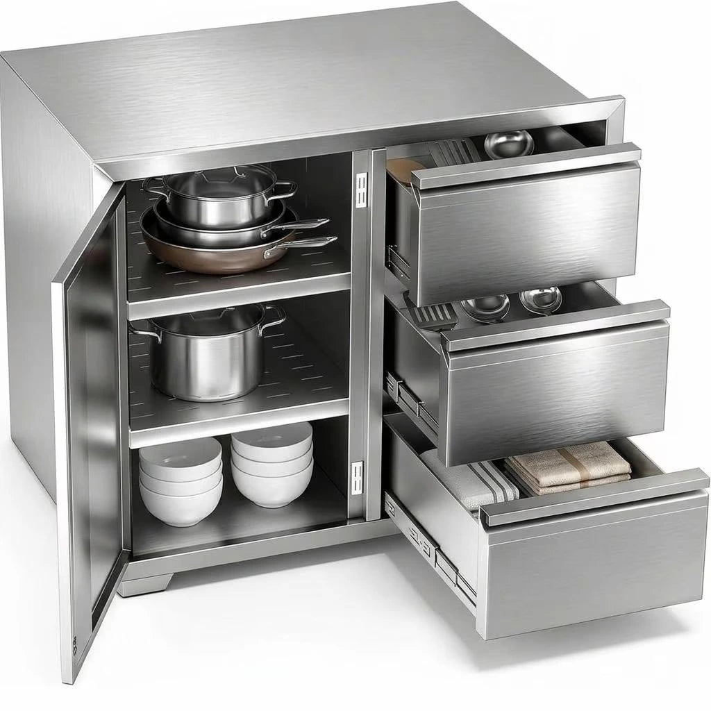 Stainless Steel Outdoor Kitchen Cabinet, 3 Drawer Built-In BBQ Storage Cabinet with Single Door for Patio Grill Station