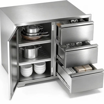 Stainless Steel Outdoor Kitchen Cabinet, 3 Drawer Built-In BBQ Storage Cabinet with Single Door for Patio Grill Station