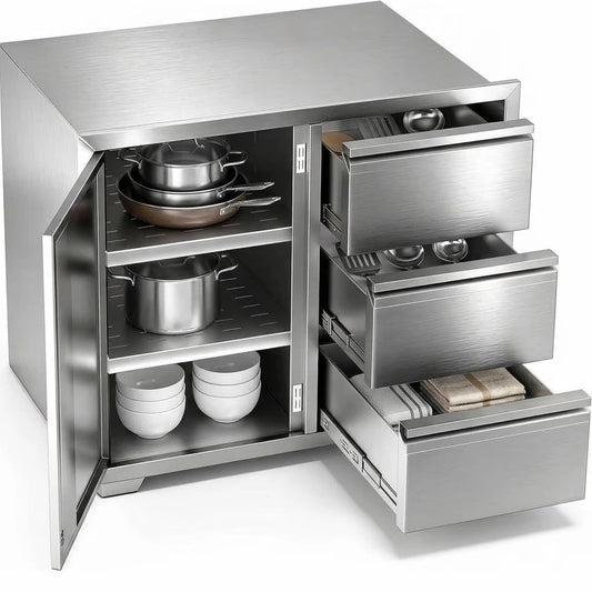 Stainless Steel Outdoor Kitchen Cabinet, 3 Drawer Built-In BBQ Storage Cabinet with Single Door for Patio Grill Station