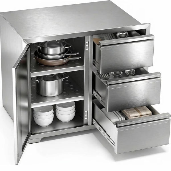 Stainless Steel Outdoor Kitchen Cabinet, 3 Drawer Built-In BBQ Storage Cabinet with Single Door for Patio Grill Station