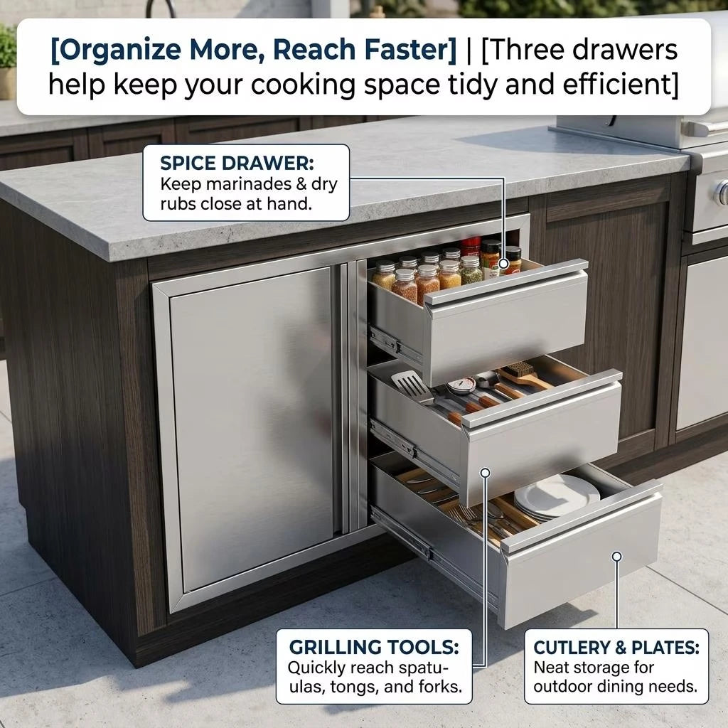 Stainless Steel Outdoor Kitchen Cabinet, 3 Drawer Built-In BBQ Storage Cabinet with Single Door for Patio Grill Station — product view 10