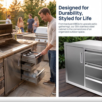 Stainless Steel Outdoor Kitchen Cabinet, 3 Drawer Built-In BBQ Storage Cabinet with Single Door for Patio Grill Station — product view 3