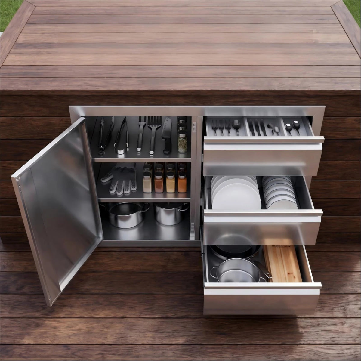 Stainless Steel Outdoor Kitchen Cabinet, 3 Drawer Built-In BBQ Storage Cabinet with Single Door for Patio Grill Station — product view 4