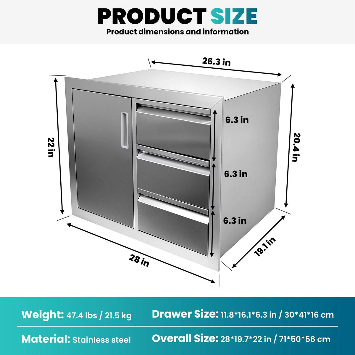 Stainless Steel Outdoor Kitchen Cabinet, 3 Drawer Built-In BBQ Storage Cabinet with Single Door for Patio Grill Station — product view 6