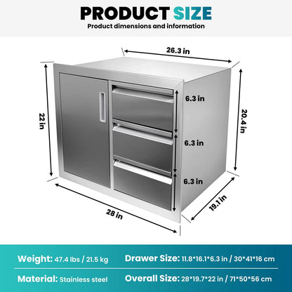 Stainless Steel Outdoor Kitchen Cabinet, 3 Drawer Built-In BBQ Storage Cabinet with Single Door for Patio Grill Station — product view 6
