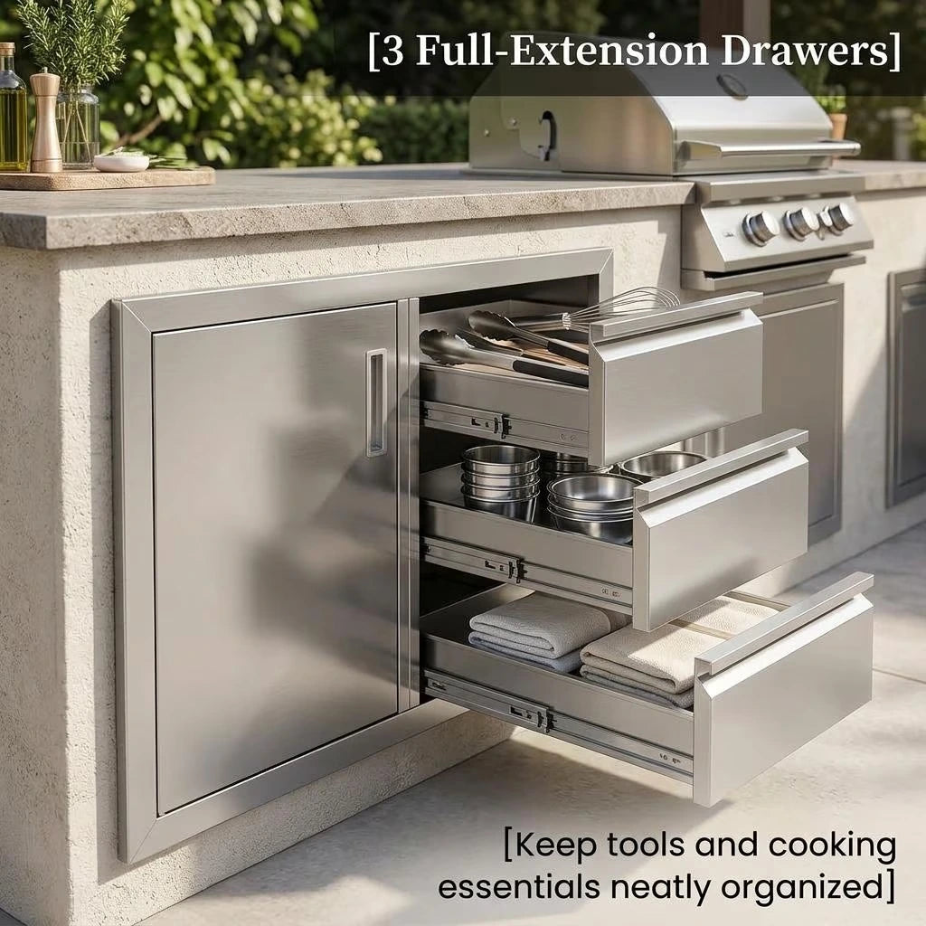 Stainless Steel Outdoor Kitchen Cabinet, 3 Drawer Built-In BBQ Storage Cabinet with Single Door for Patio Grill Station — product view 8